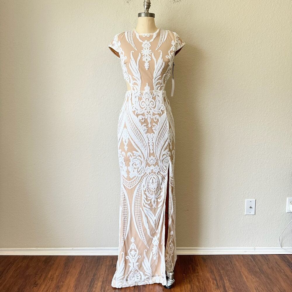 RYSE THE LABEL Emily Maxi Dress Nude White Sequin Cutout Formal NWT